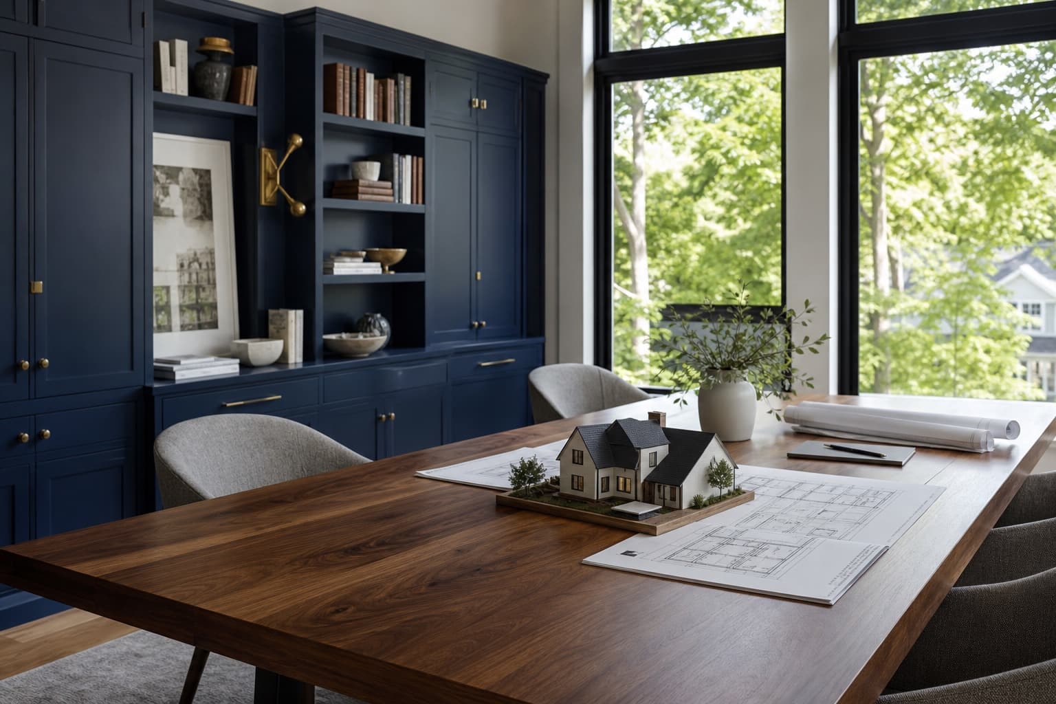 Polished office with a house model and plans on a walnut table
